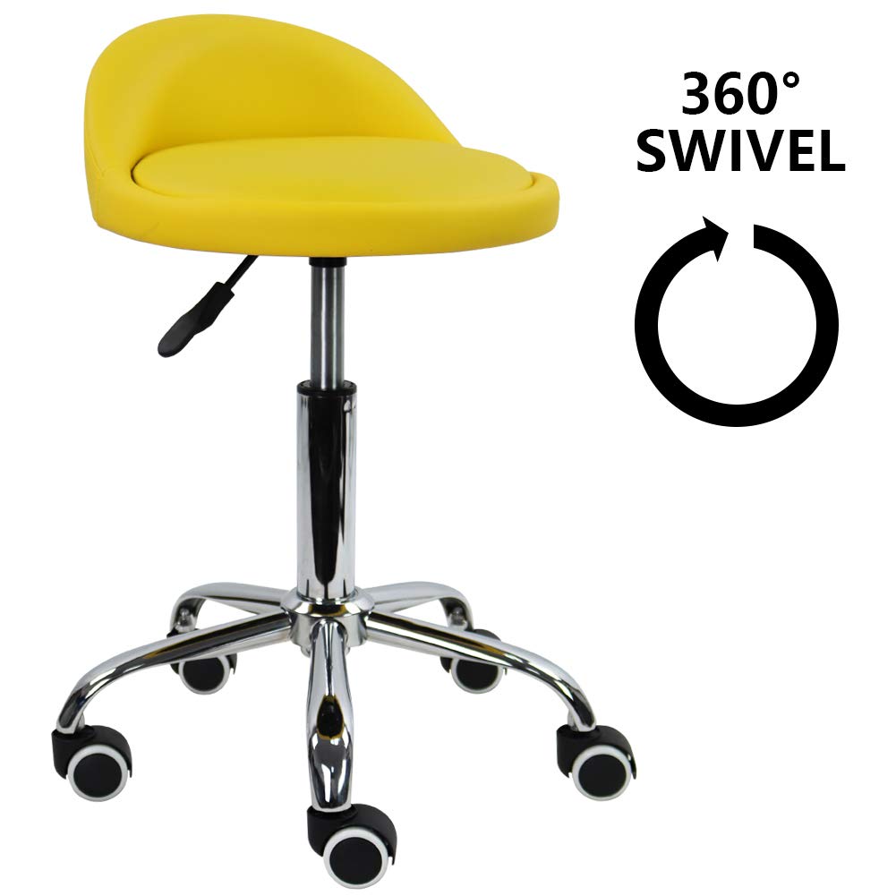 KKTONER Yellow PU Leather Rolling Stool with Backrest | Adjustable Swivel