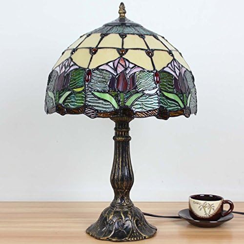 Bieye Tulip Flower Stained Glass Tiffany Style Table Lamp - 12 Inch Shade