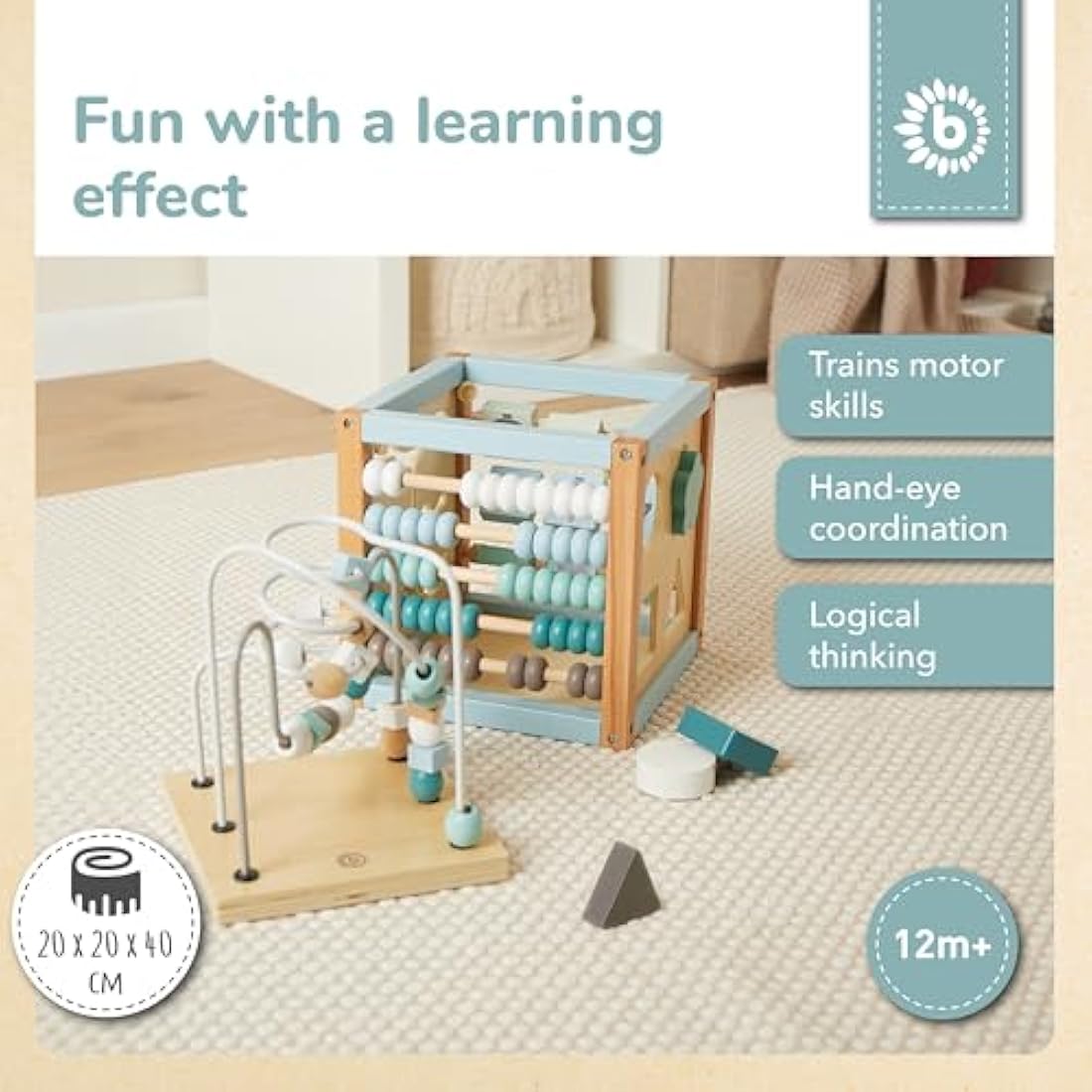 Bieco Wooden Motor Skills Activity Cube – Scandi-Chic Baby Toy from 1 Year