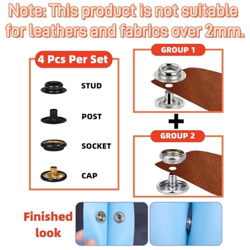 SUNAROC 100 Sets Metal Snap Fasteners Kit – 15mm Press Studs with Tool