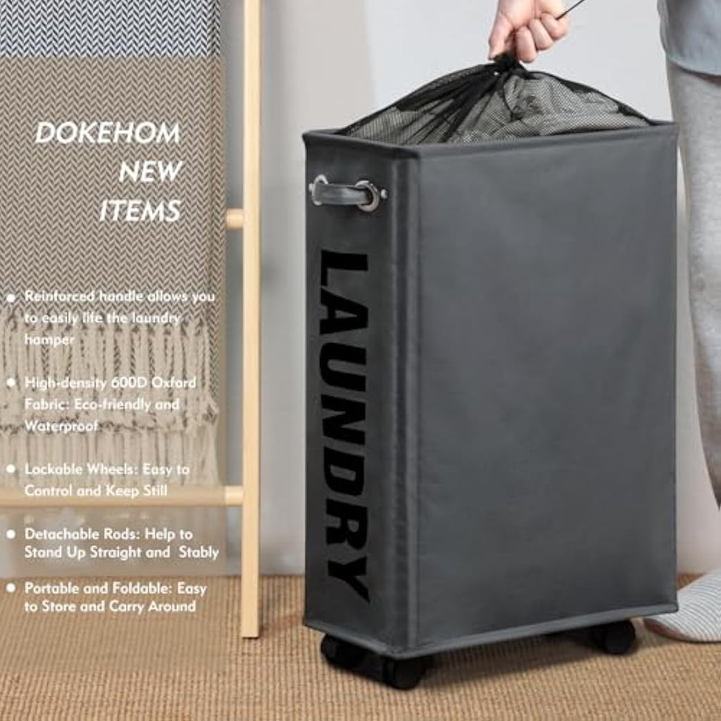 DOKEHOM Slim Rolling Laundry Basket | 25-Inch Collapsible Hamper