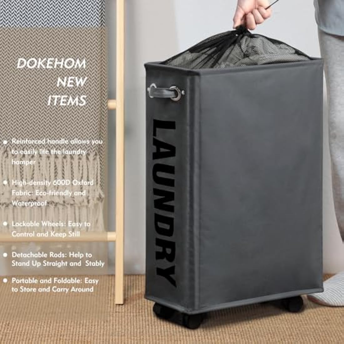 DOKEHOM Slim Rolling Laundry Basket | 25-Inch Collapsible Hamper