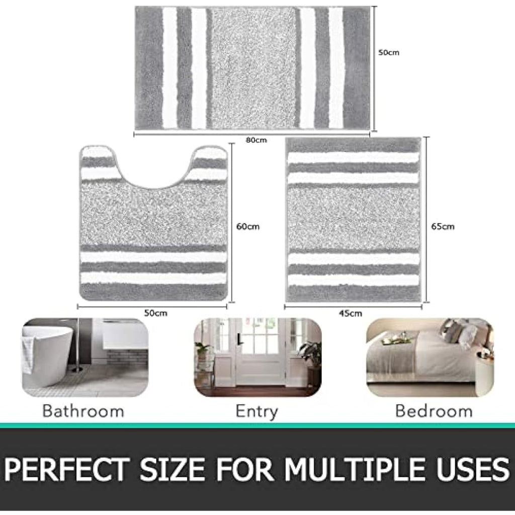 Pauwer 3-Piece Microfiber Bath Mat Set | Non-Slip Absorbent Bathroom Rugs