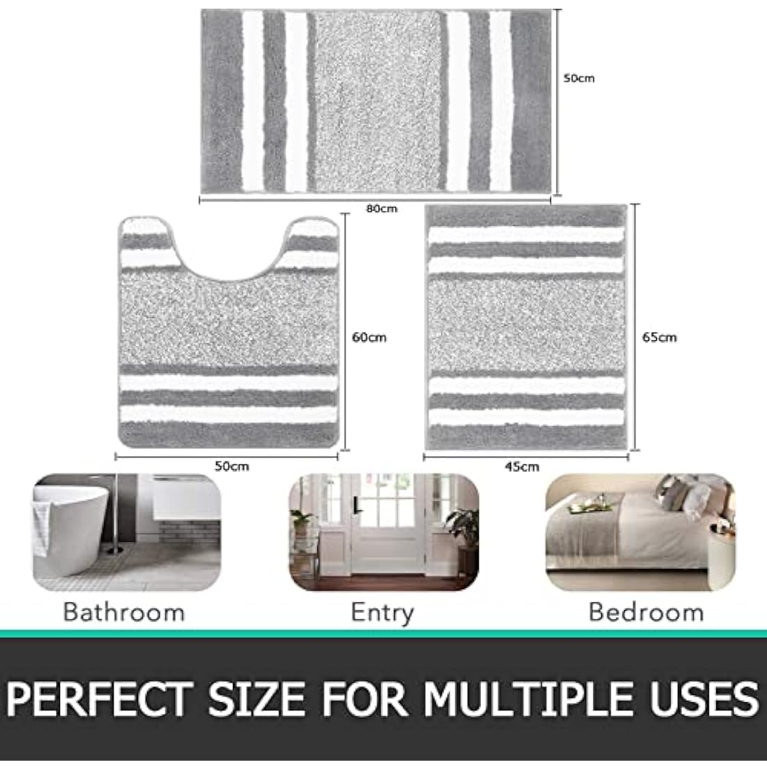Pauwer 3-Piece Microfiber Bath Mat Set | Non-Slip Absorbent Bathroom Rugs