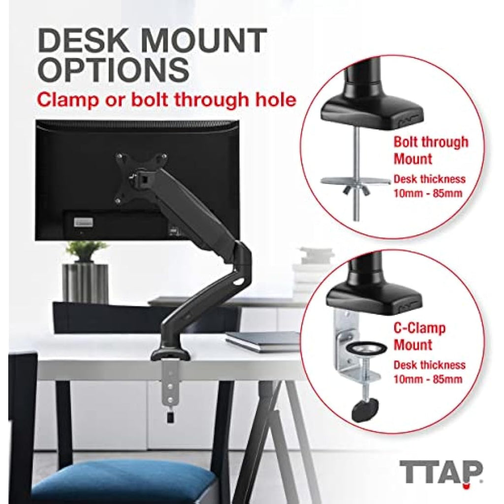 TTAP Single Gas Spring Monitor Arm – Height Adjustable 17-32" VESA Mount
