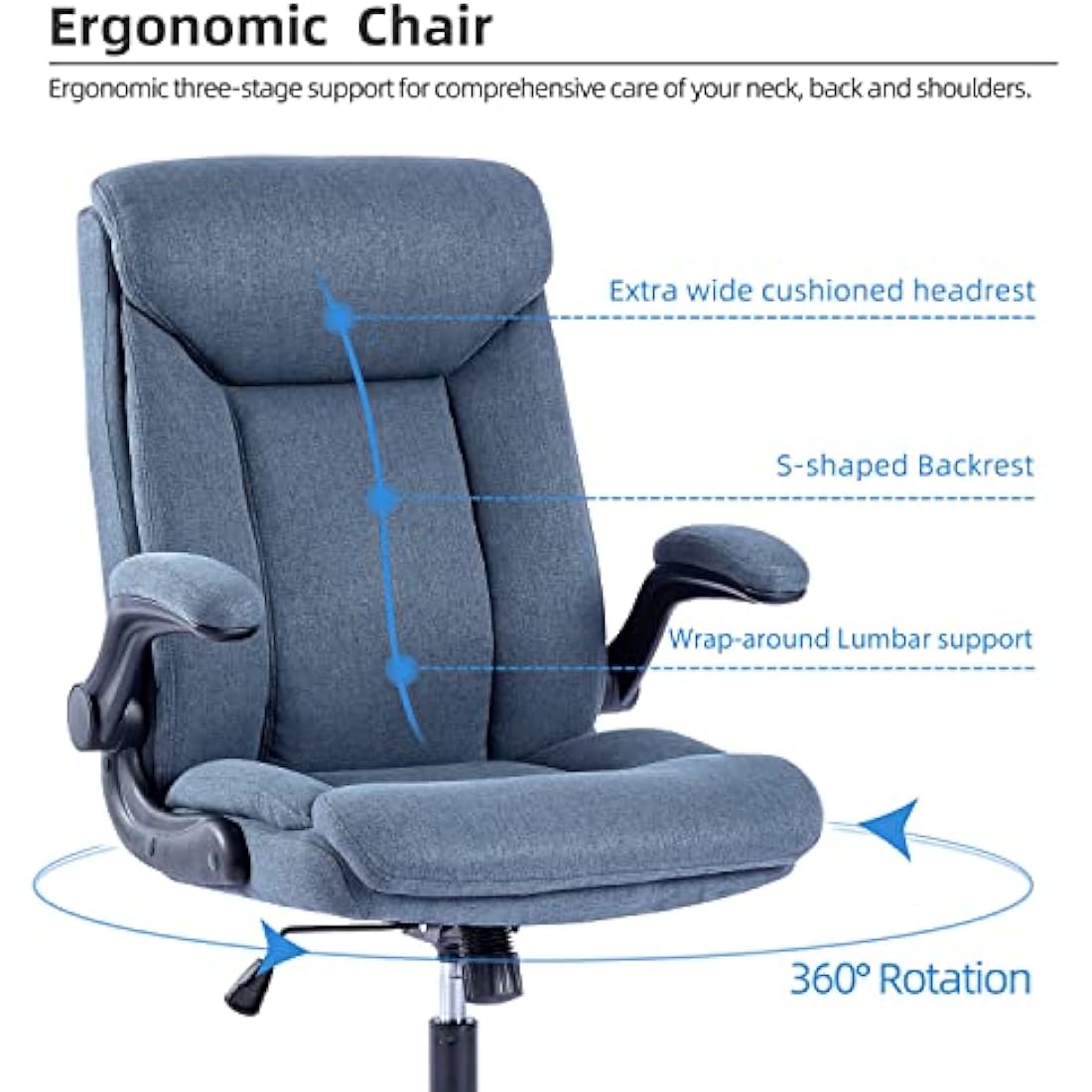 MZLEE Ergonomic Executive Office Chair with Flip-up Armrests - Navy Blue