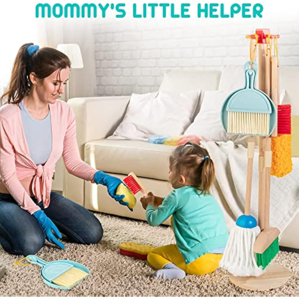 HELLOWOOD 8-Piece Wooden Kids Cleaning Set | Toddler Pretend Play Kit