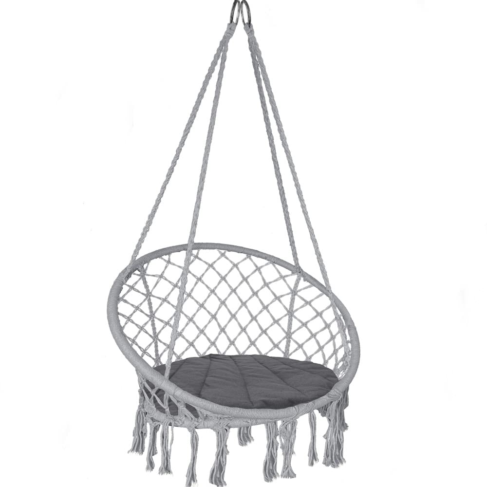 VOUNOT Macrame Hammock Swing Chair with Round Seat Cushion - Grey