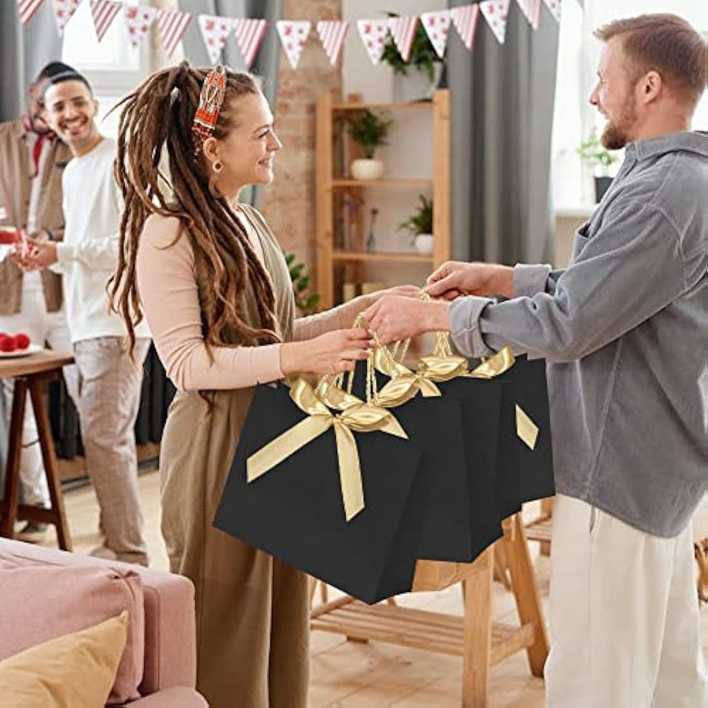 Luxury Paper Gift Bags with Gold Ribbon - 10 Pack, Black
