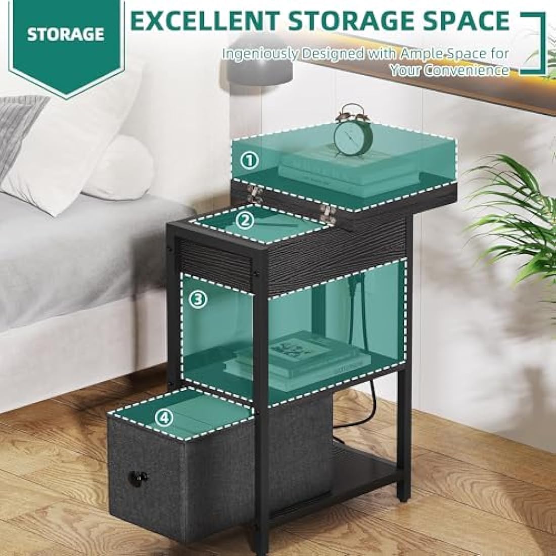 Jolof Store Narrow Side Table with Charging Station – Black Slim End Table