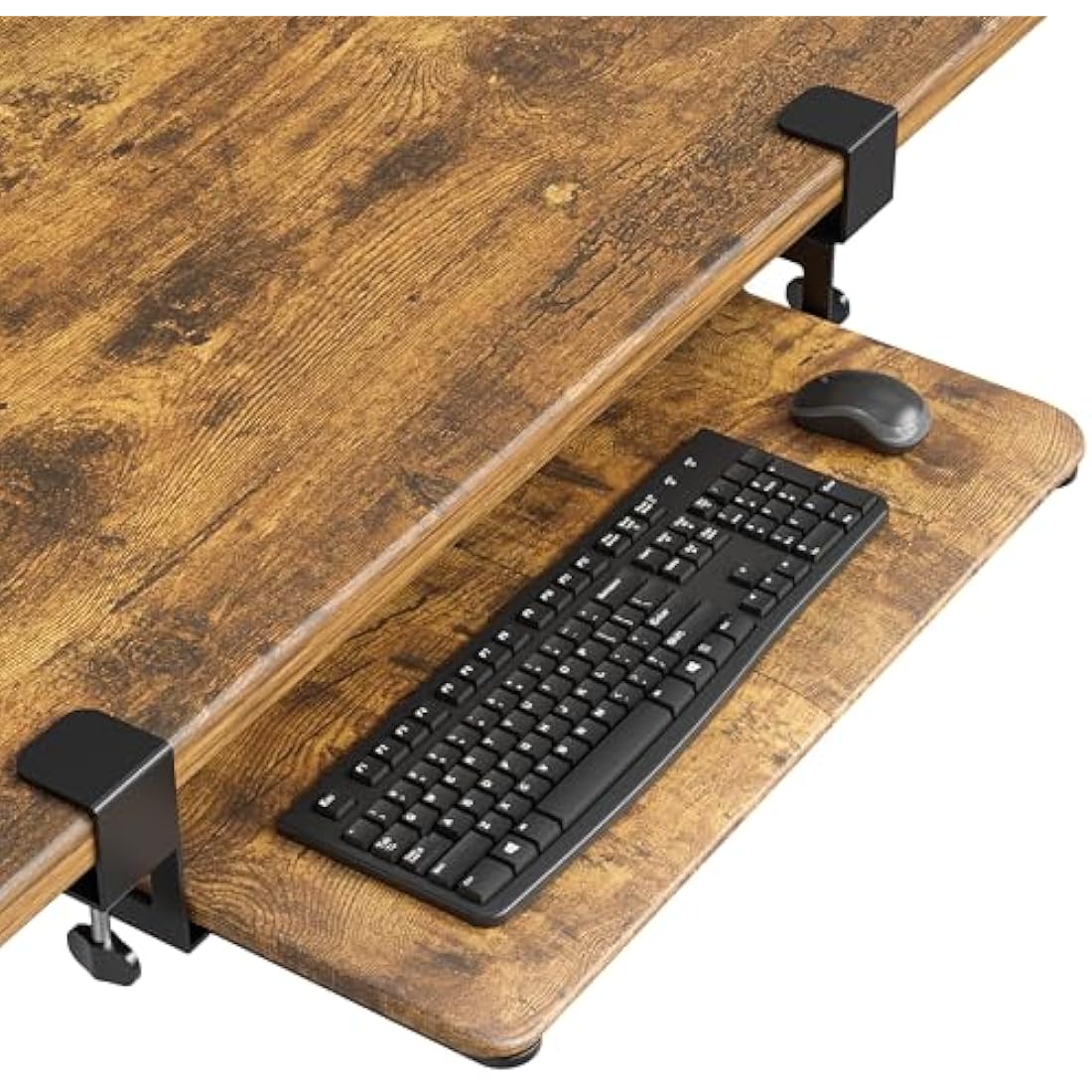 BONTEC Under Desk Keyboard Tray – Ergonomic C-Clamp Slider, Rustic Brown