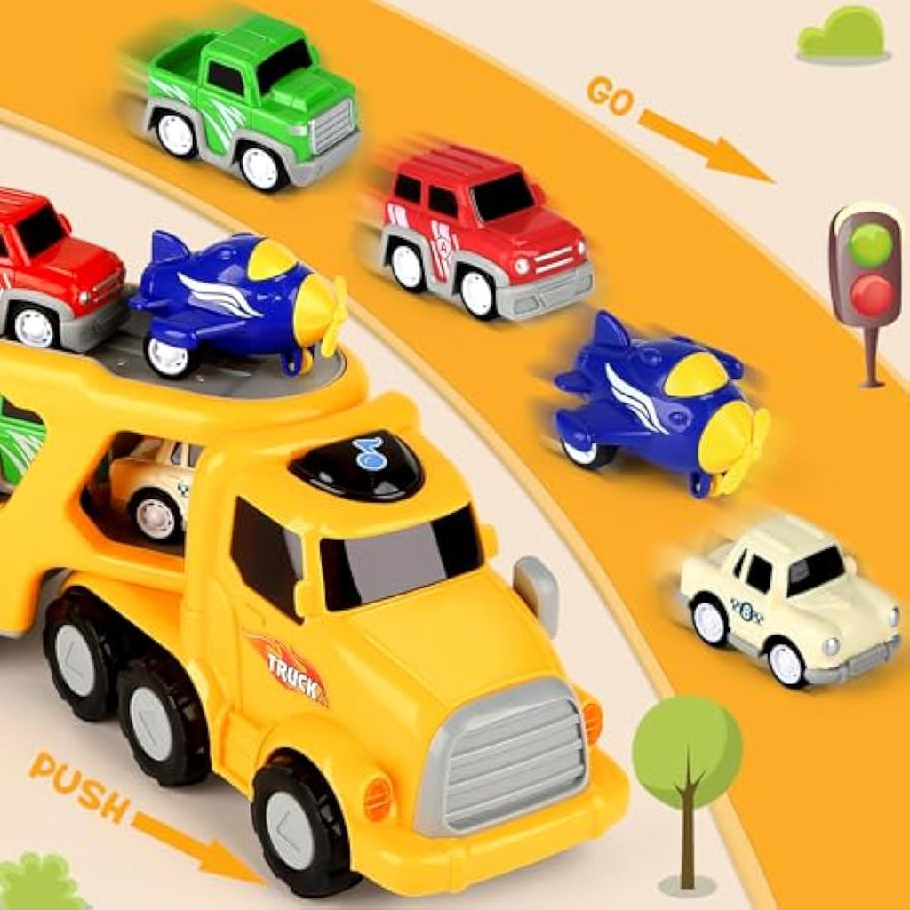 Aoskie Car Transporter Toy Truck with 4 Pull Back Cars for Toddlers