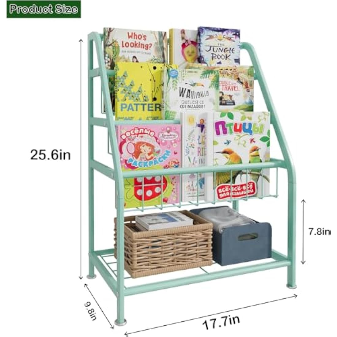 Huhote Kids Bookshelf – Metal Book and Toy Storage Organizer, Green