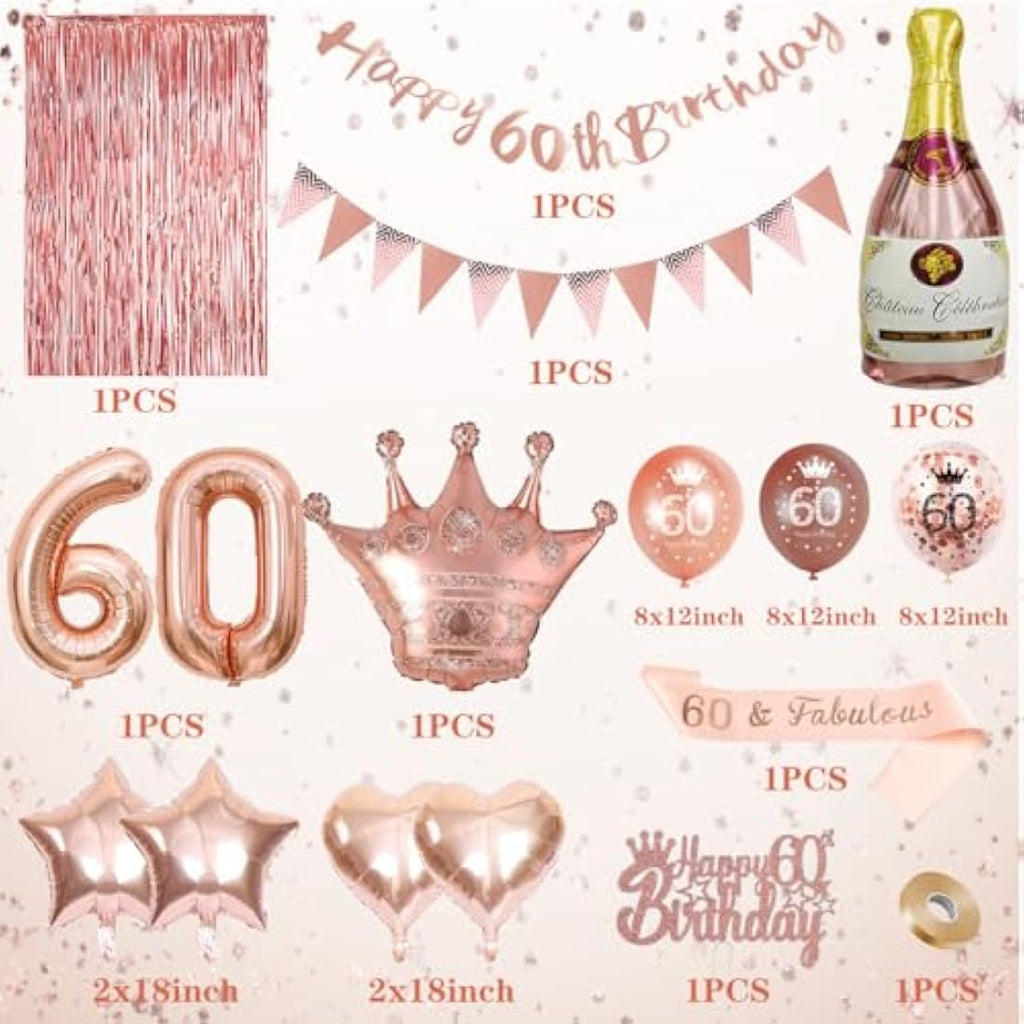 Jolof Store Rose Gold 60th Birthday Decorations Set for Women – 38 Pcs