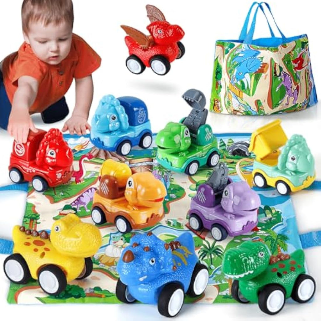 10-Piece Pull Back Dinosaur Toy Cars with Playmat & Bag