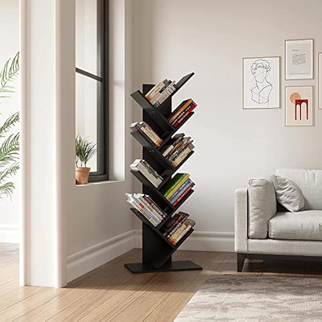 YITAHOME Tree Bookshelf | Tall Industrial Wooden Storage Rack - Black