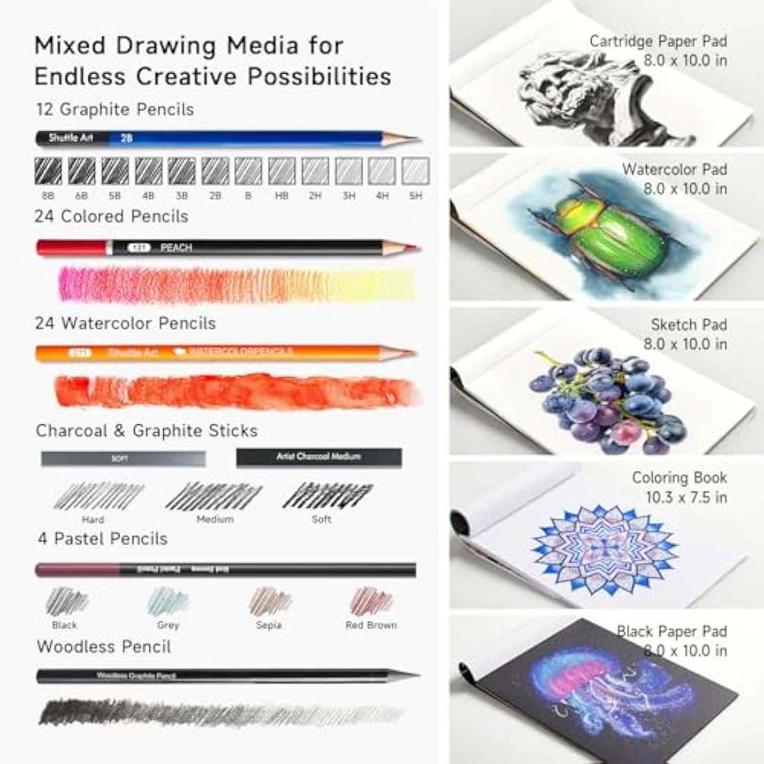 Shuttle Art 124 Pack Sketching and Drawing Set with 4 Drawing Pads