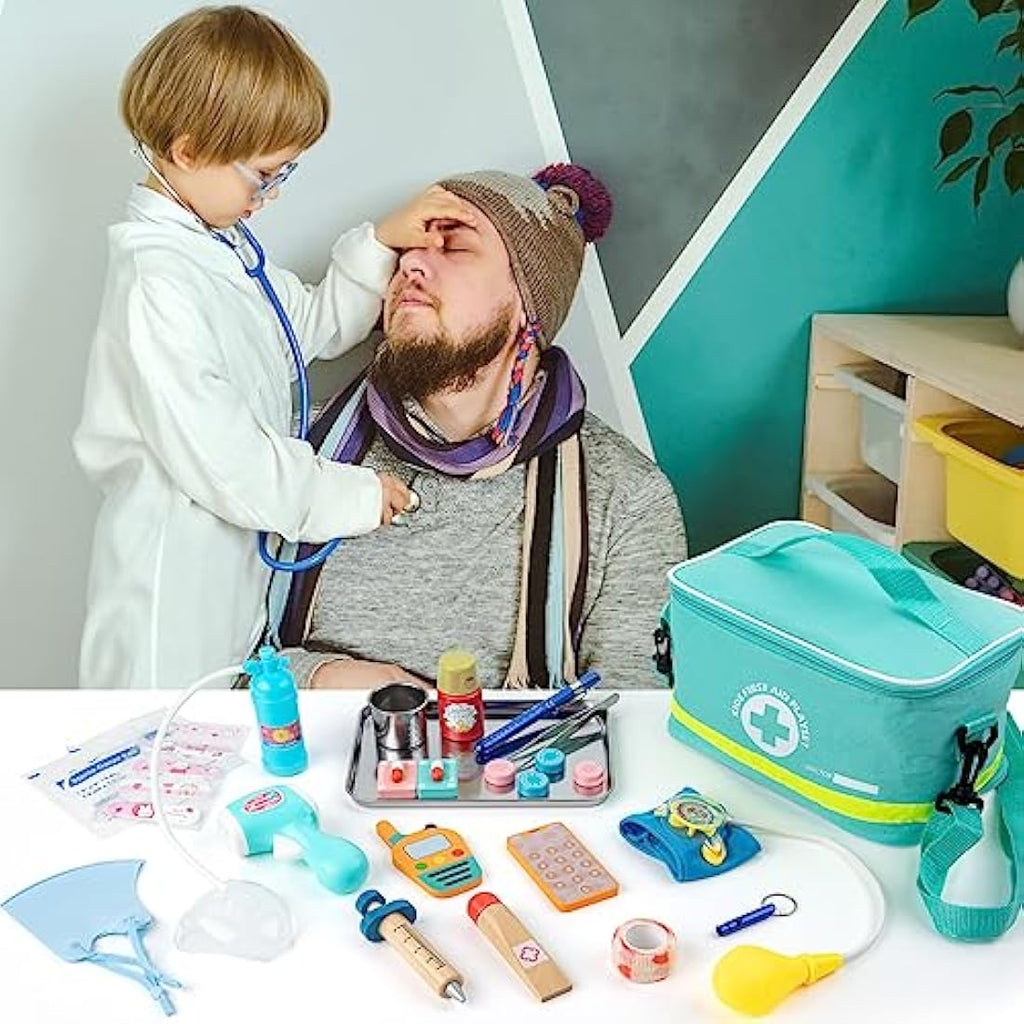 Sundaymot 34-Piece Kids Wooden Doctor Kit with Real Stethoscope