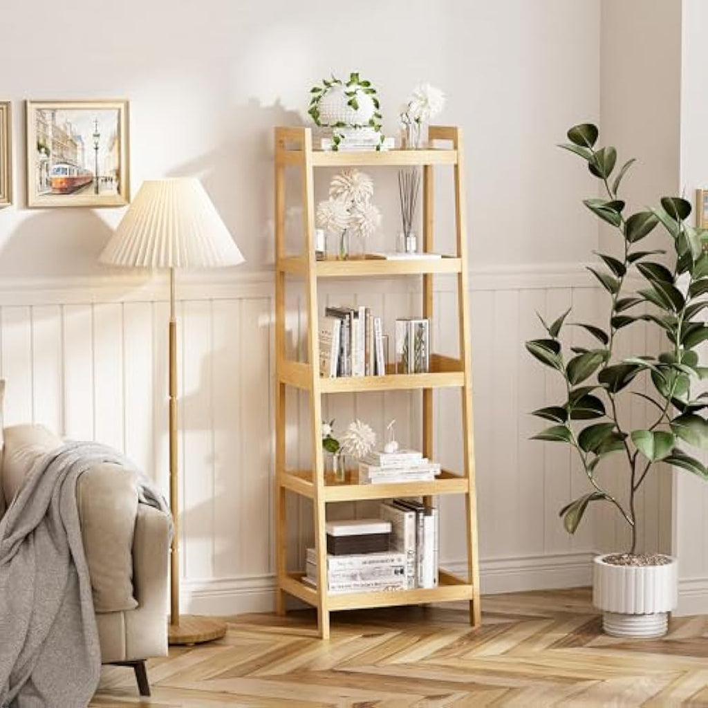 5-Tier Bamboo Ladder Bookshelf – Tall Narrow Display Rack