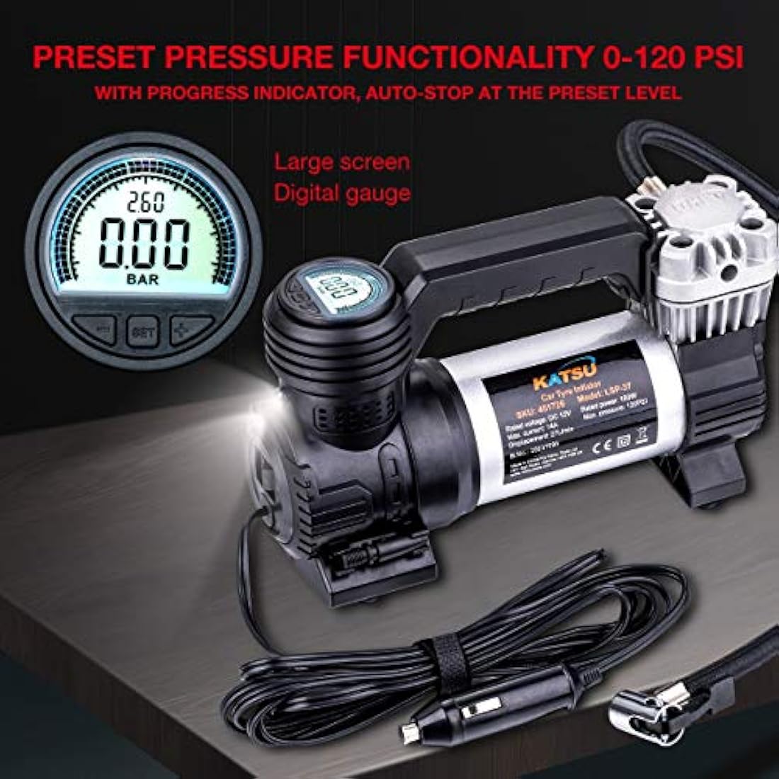KATSU 12V Portable Digital Car Tyre Inflator | 120PSI Air Compressor