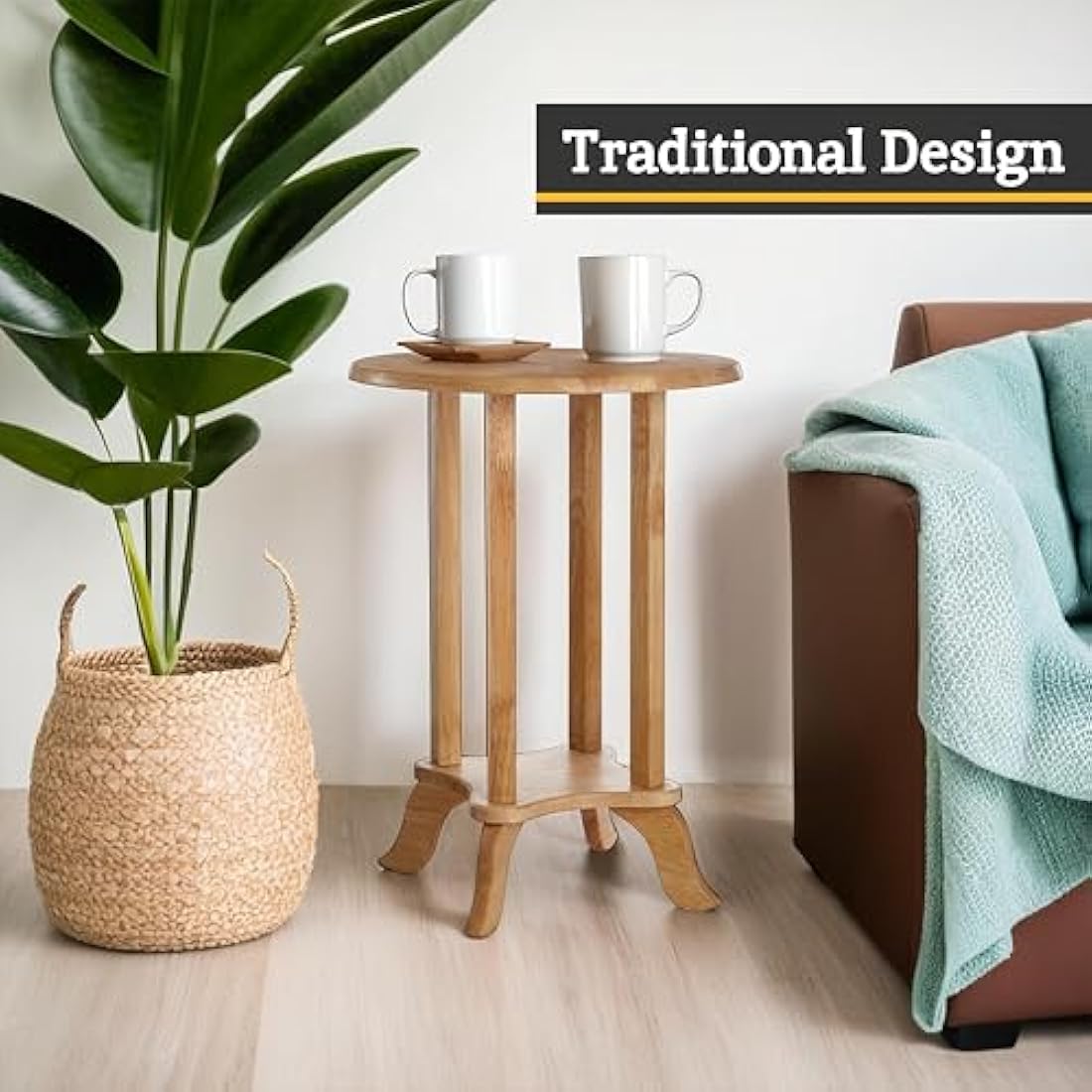 Jolof Store Round Side Table – Hevea Wood Bedside Table with Storage
