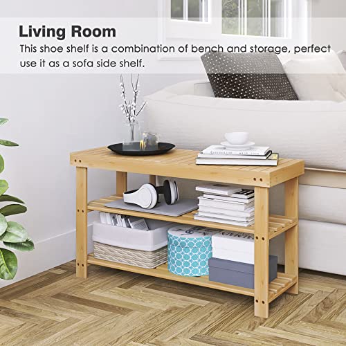 SMIBUY 3-Tier Bamboo Shoe Rack Bench | Entryway Storage Shelf - Natural