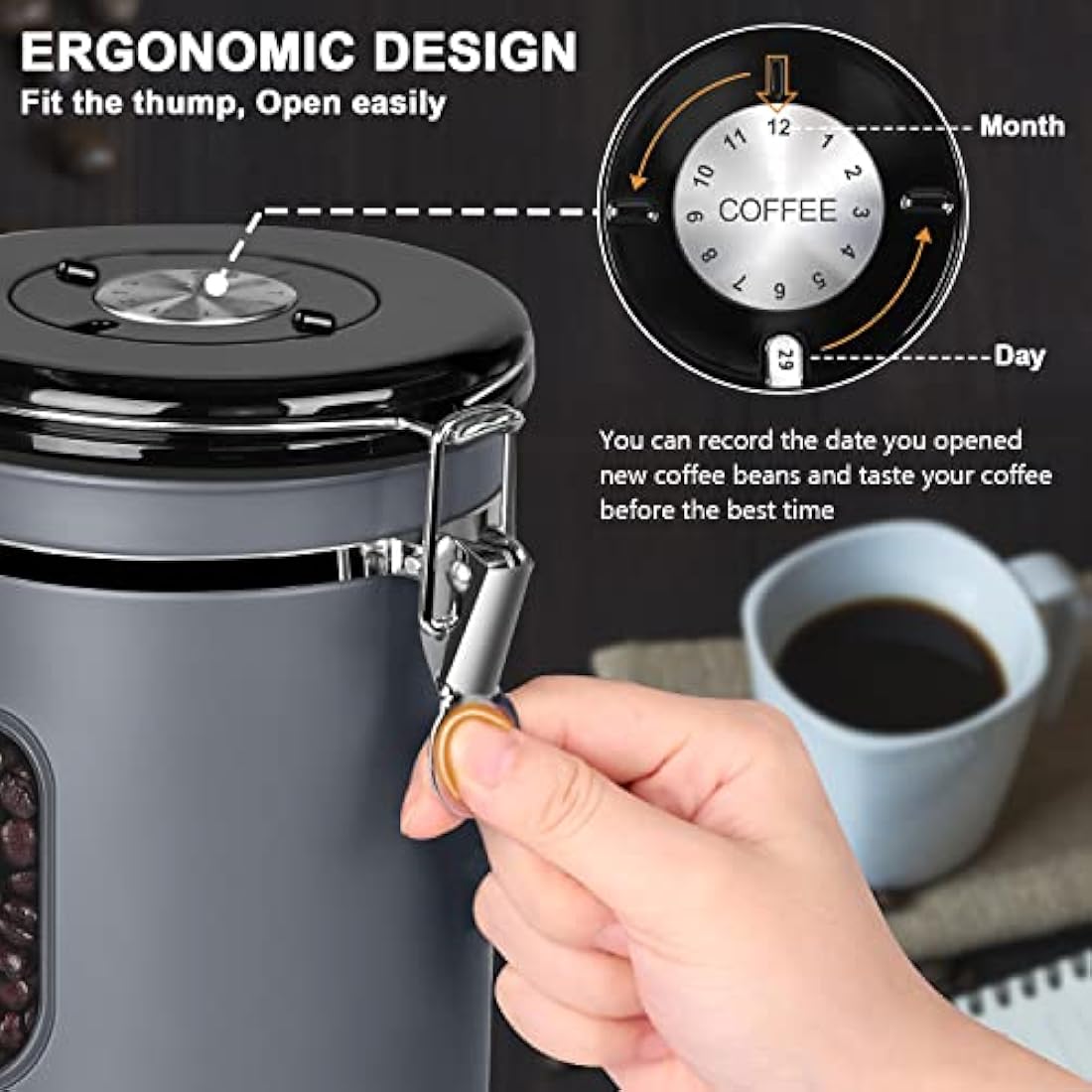ROCKY&CHAO Airtight Coffee Canister – 2800ml Stainless Steel Storage