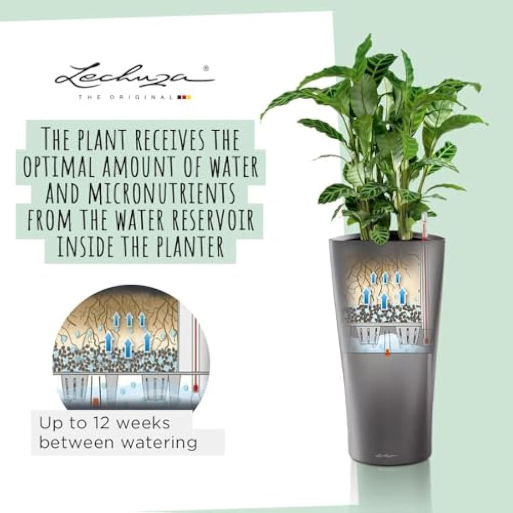 Lechuza Delta 40 Self-Watering Tall Planter – Charcoal Metallic Plastic
