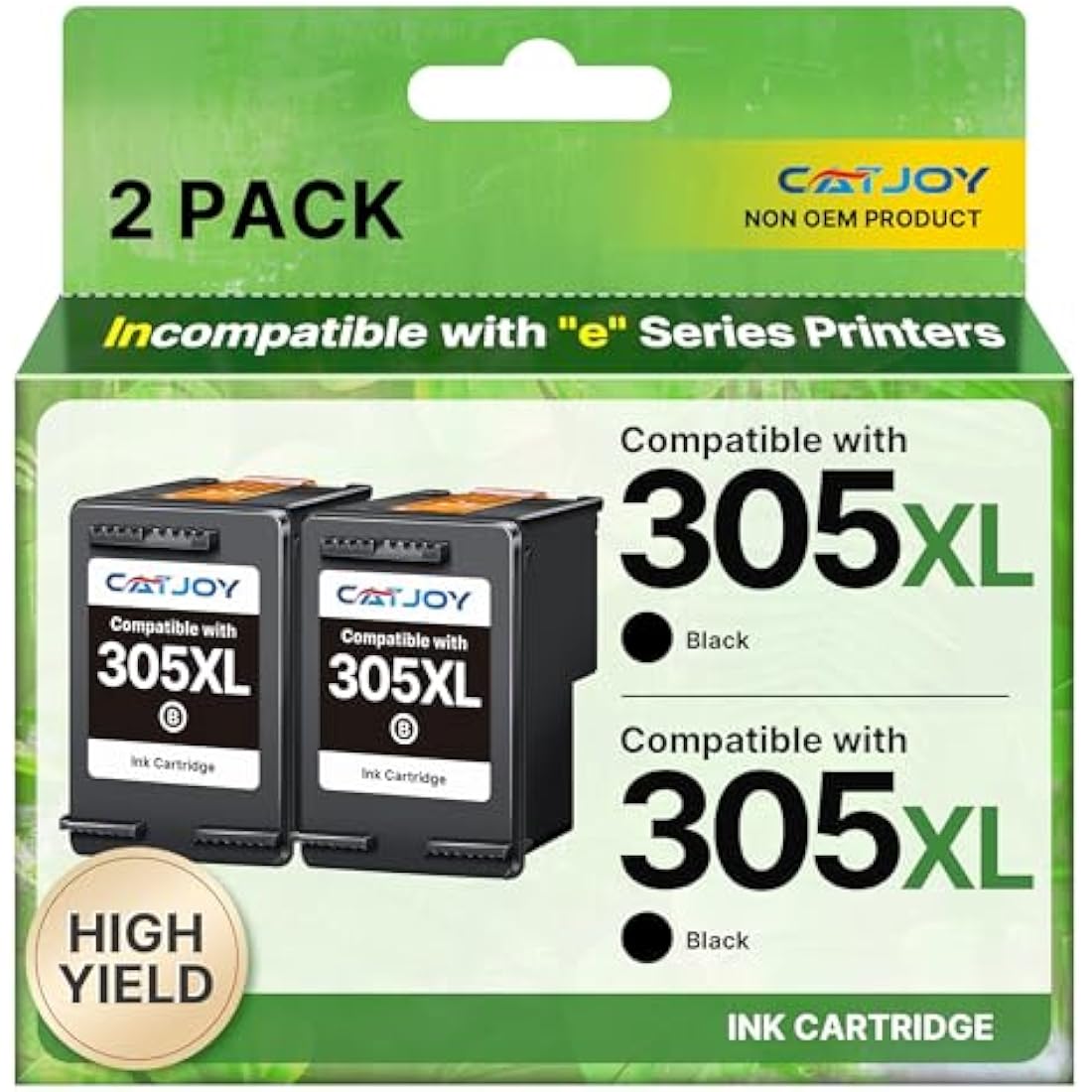 CATJOY 305XL Black Ink Cartridges for HP Envy 6000 DeskJet 2700 | 2-Pack