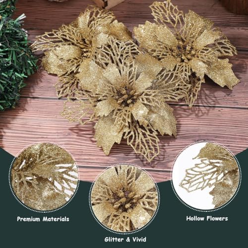 Jolof Store 12pcs Glitter Poinsettia Artificial Christmas Flowers – Gold