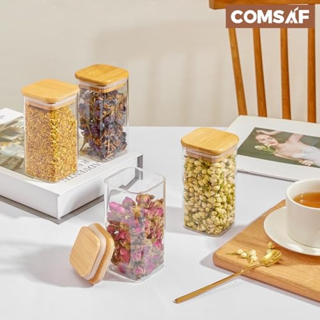 ComSaf 16Pcs Glass Spice Jars with Bamboo Lids - 10oz Airtight Containers
