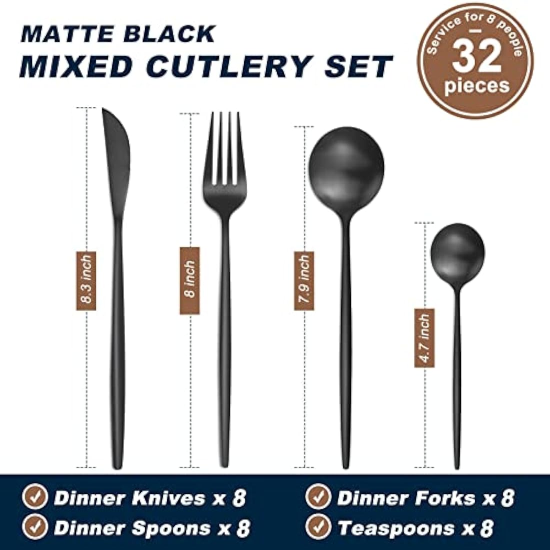 Bestdin Matte Black Cutlery Set | 32-Piece Stainless Steel Service for 8