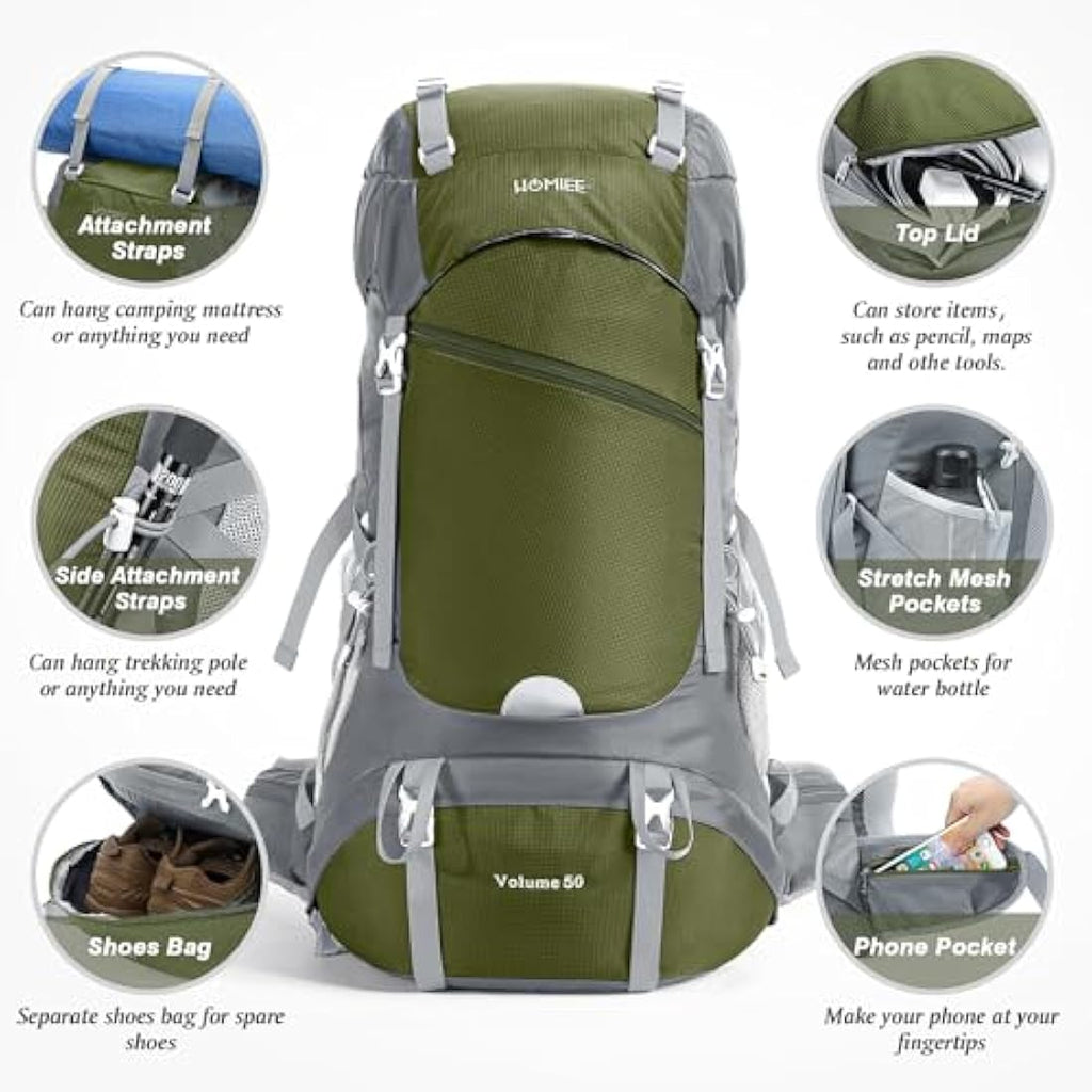 HOMIEE 50L Waterproof Hiking Backpack | Lightweight Trekking Rucksack