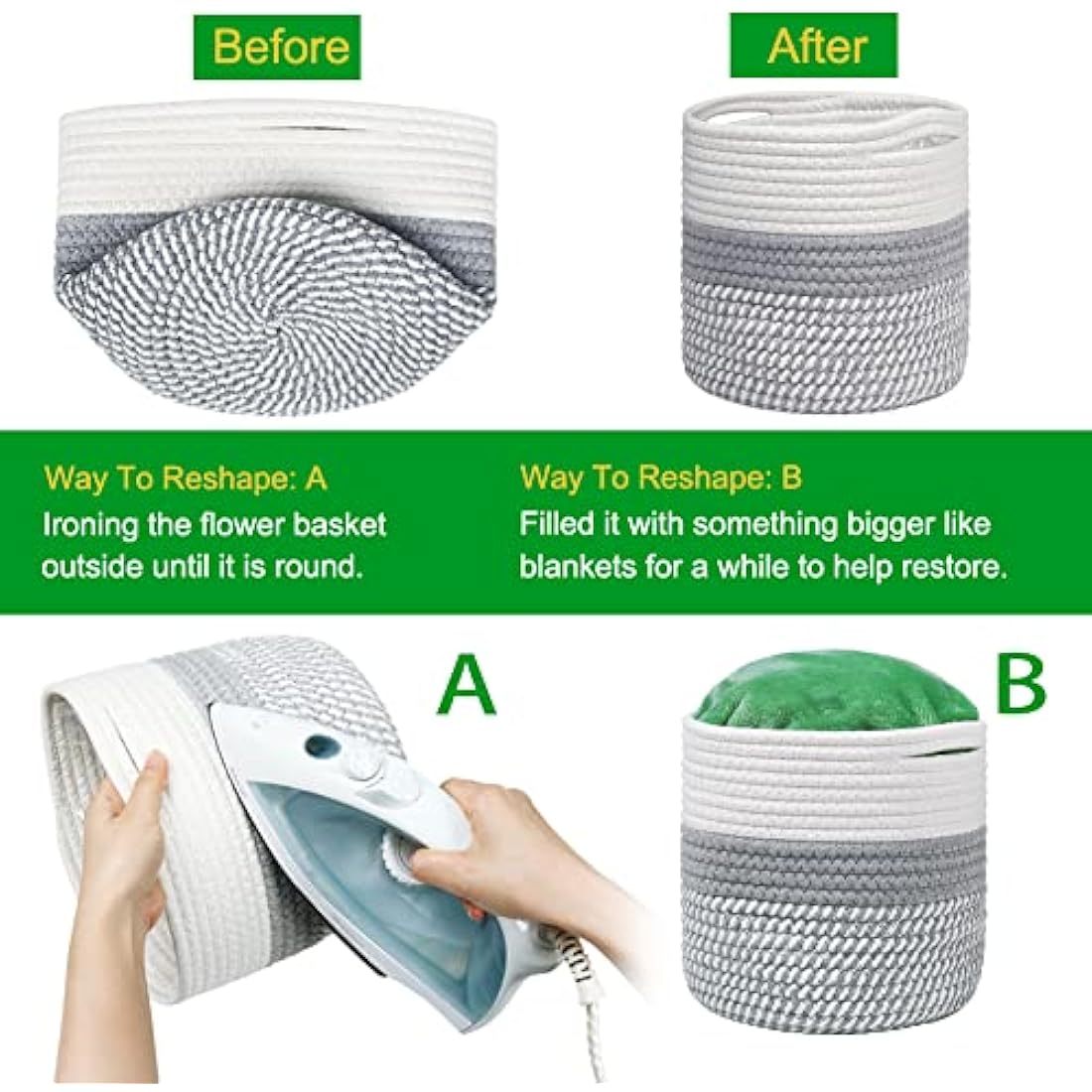 Woven Cotton Plant Pot Basket with Liner - White & Grey