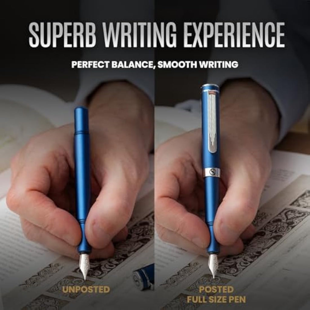 Scriveiner Luxury EDC Fountain Pen - Matt Blue Pocket Pen, Medium Nib