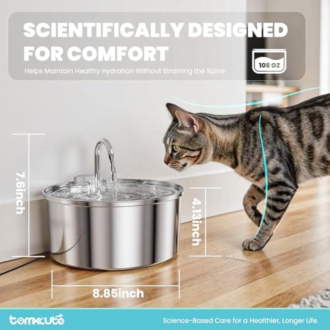 TOMXCUTE 3.2L Stainless Steel Cat Water Fountain | Ultra-Quiet Pet Dispenser