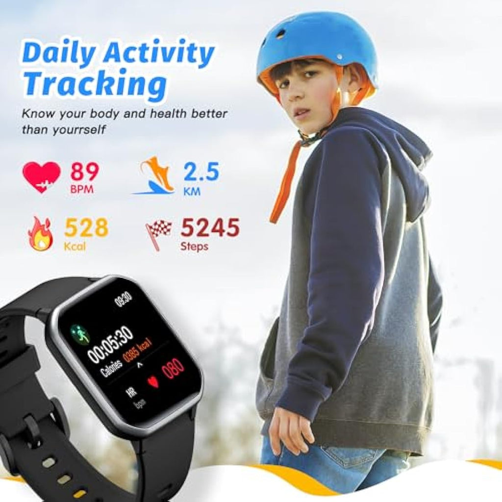 Kids Smart Watch – IP68 Waterproof Fitness Tracker (Black)