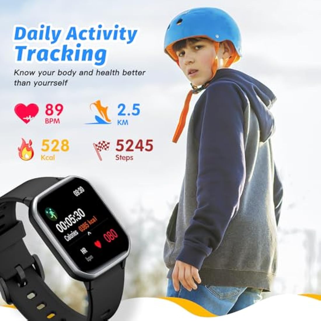 Kids Smart Watch – IP68 Waterproof Fitness Tracker (Black)