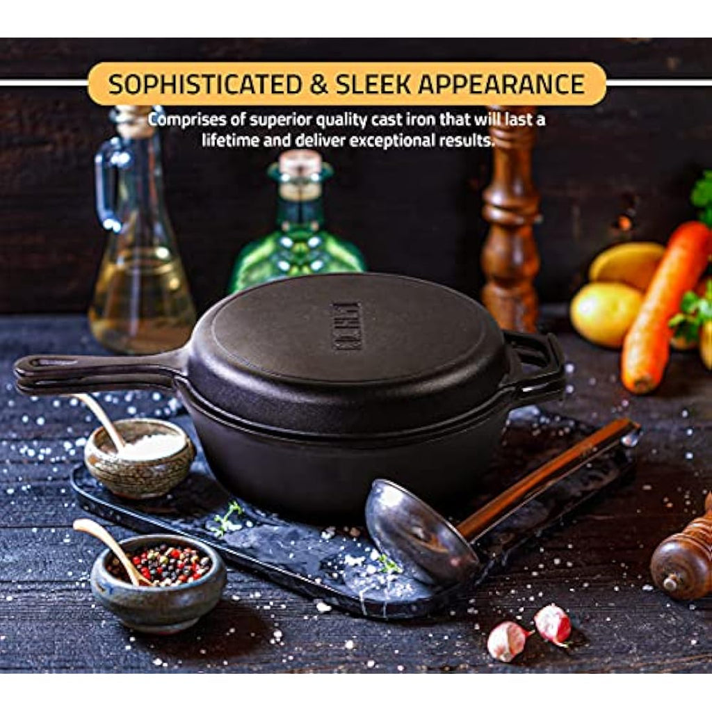 Kichly Pre-Seasoned Cast Iron Combo Cooker | 3.2 Quart Dutch Oven & Skillet