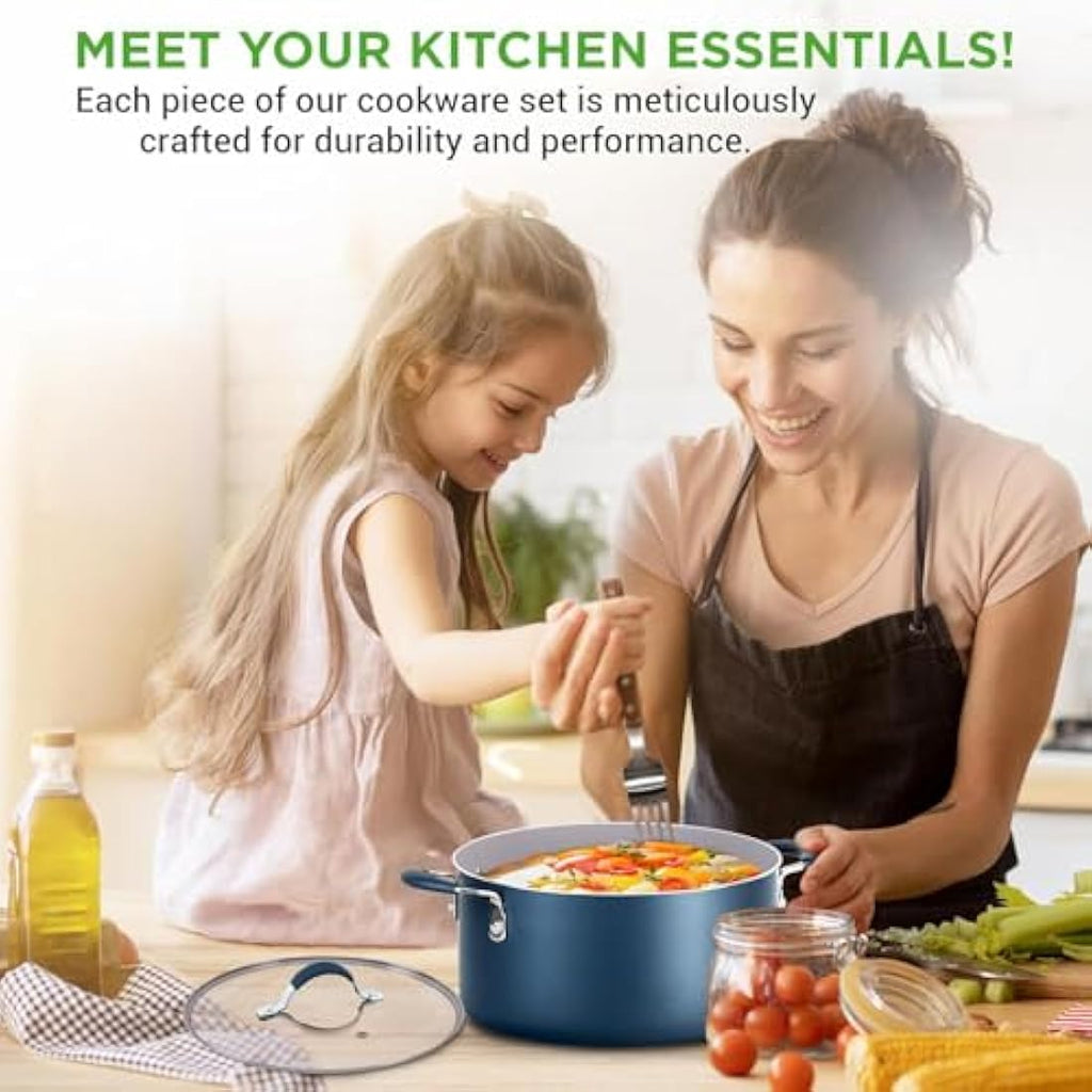 NutriChef 14-Piece Ceramic Non-Stick Cookware Set – Blue Induction Pots