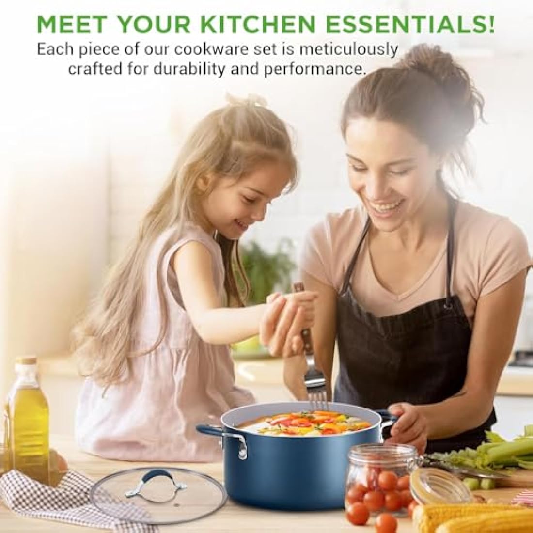 NutriChef 14-Piece Ceramic Non-Stick Cookware Set – Blue Induction Pots