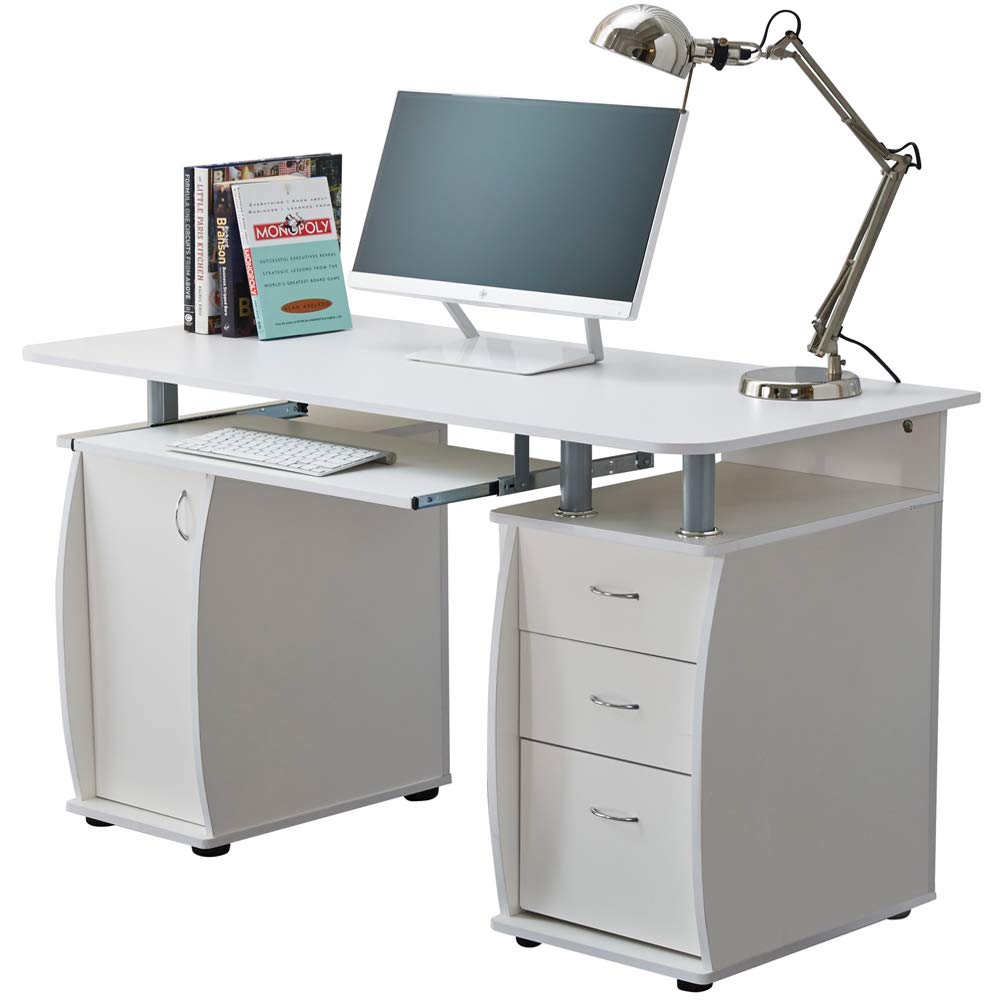 RayGar White Deluxe Design Computer Desk with Cabinet and 3 Drawers for Home Office Table Workstation - New White - image 1