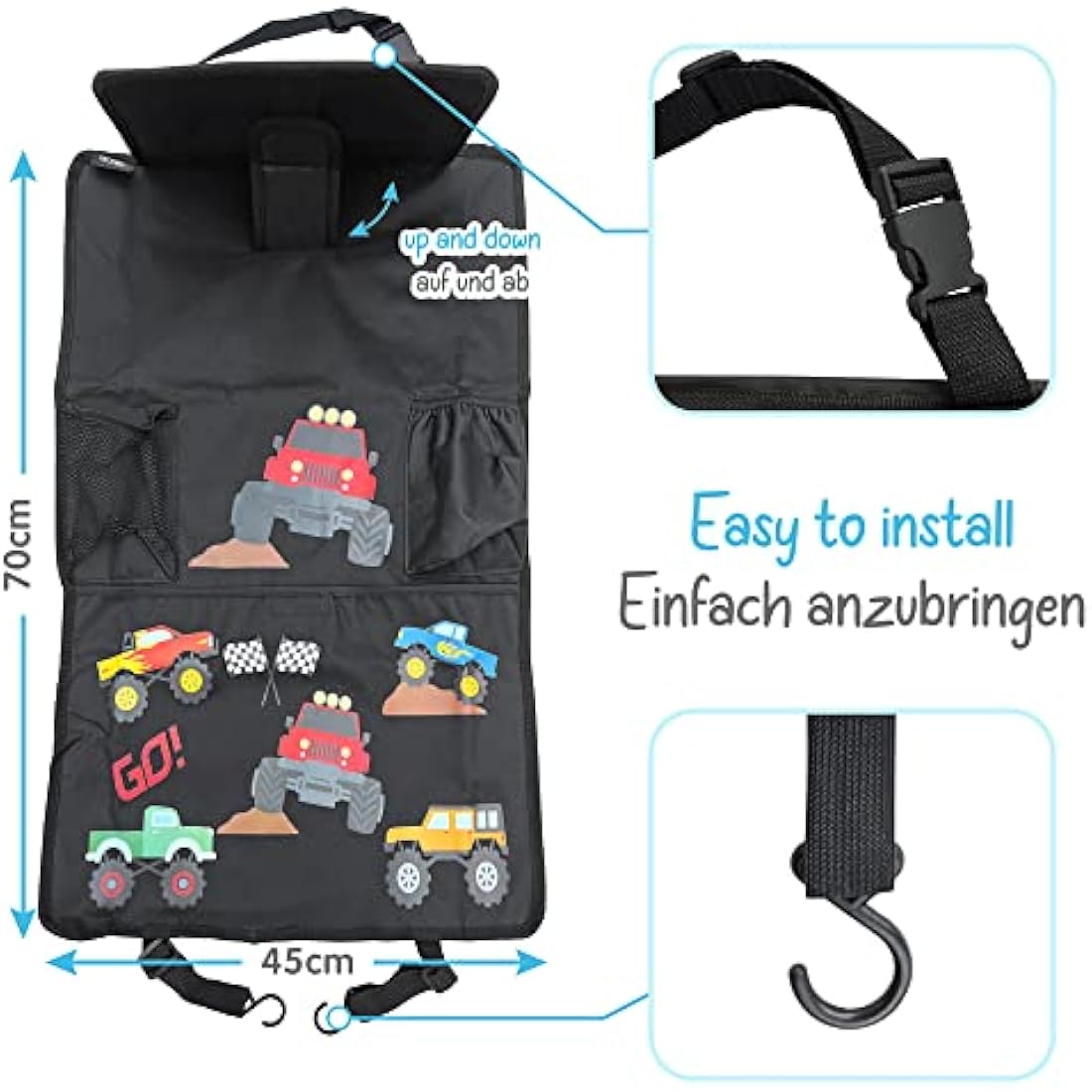 HECKBO Car Backseat Organizer | Monster Truck Tablet Holder & Thermo Pocket