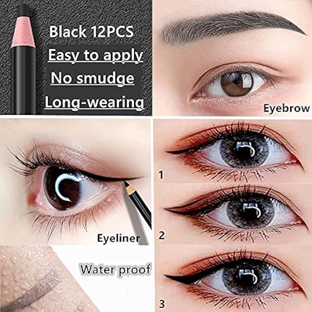 12-Piece Black Eyebrow and Eyeliner Pencil Set - Waterproof