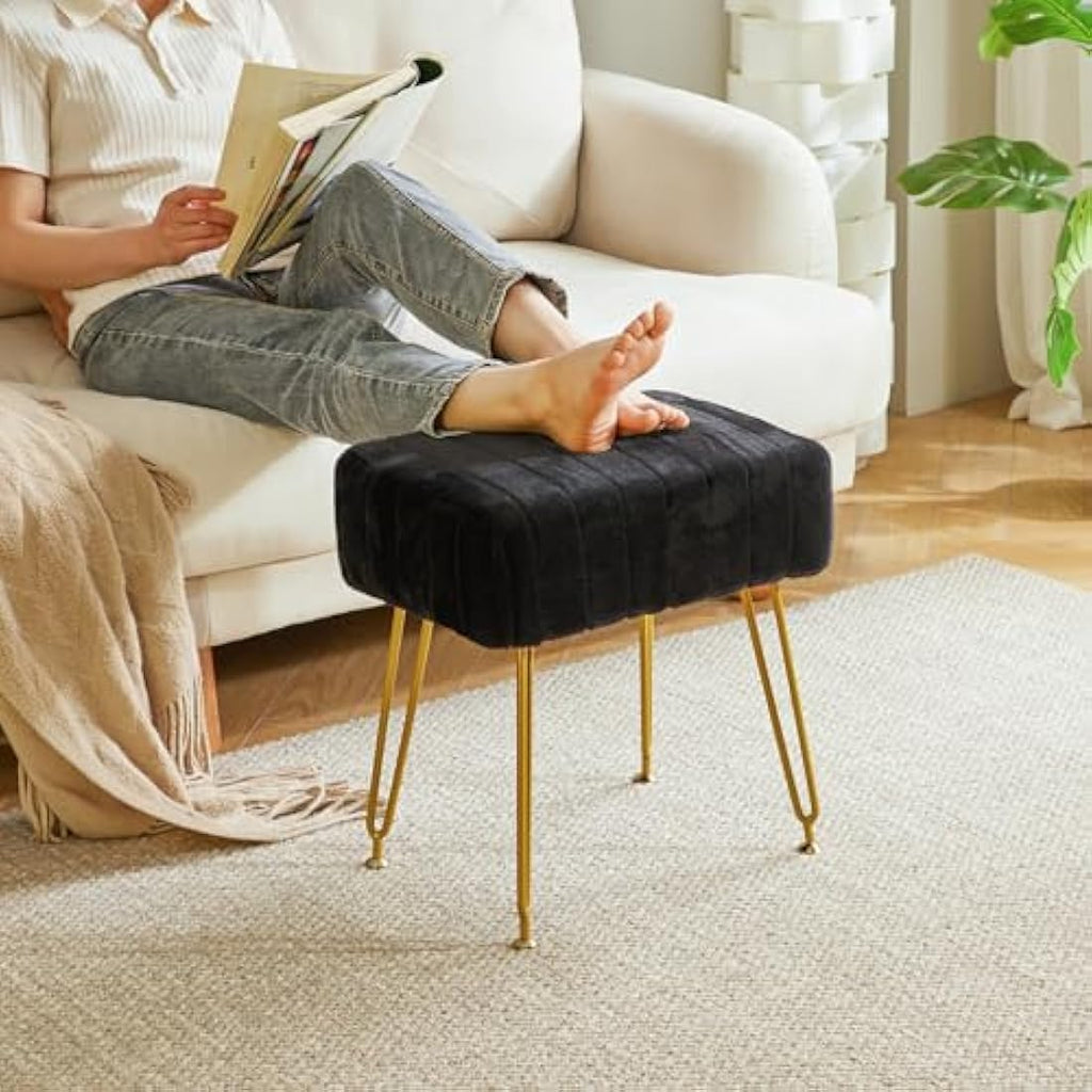 IBUYKE Velvet Rectangular Vanity Stool – Modern Ottoman with Gold Legs