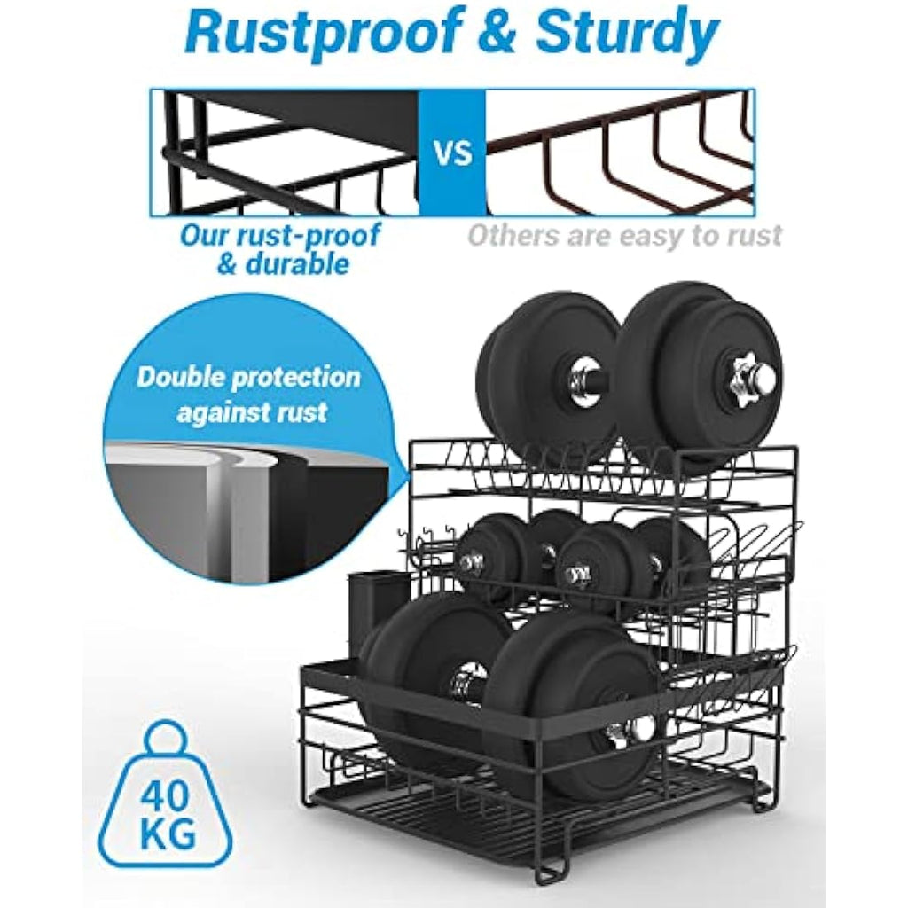 3-Tier Dish Drying Rack | Stainless Steel Sink Drainer, Black