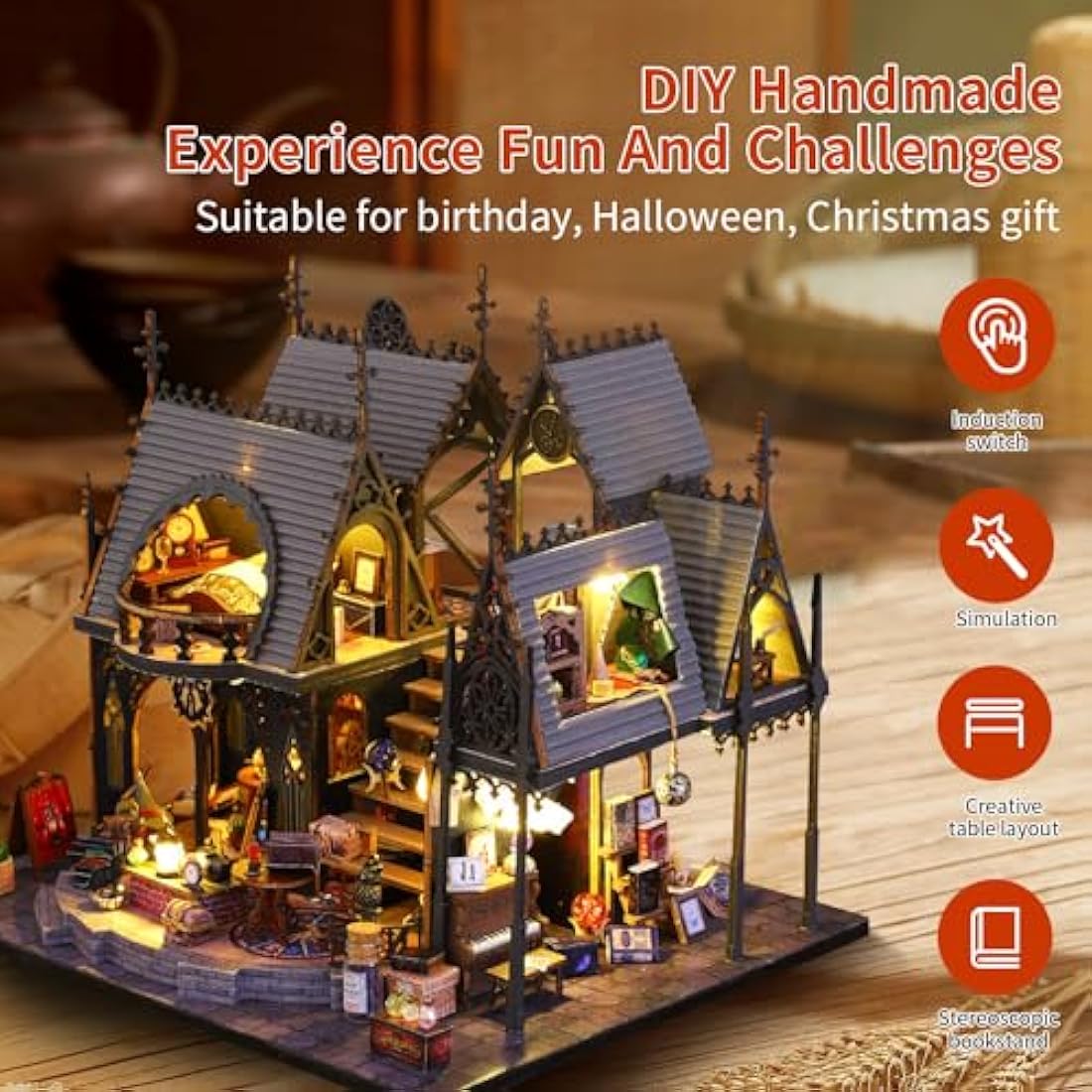 CRIOLPO Luna's Magic House DIY Book Nook Kit - 3D Wooden Puzzle with Sensor Light