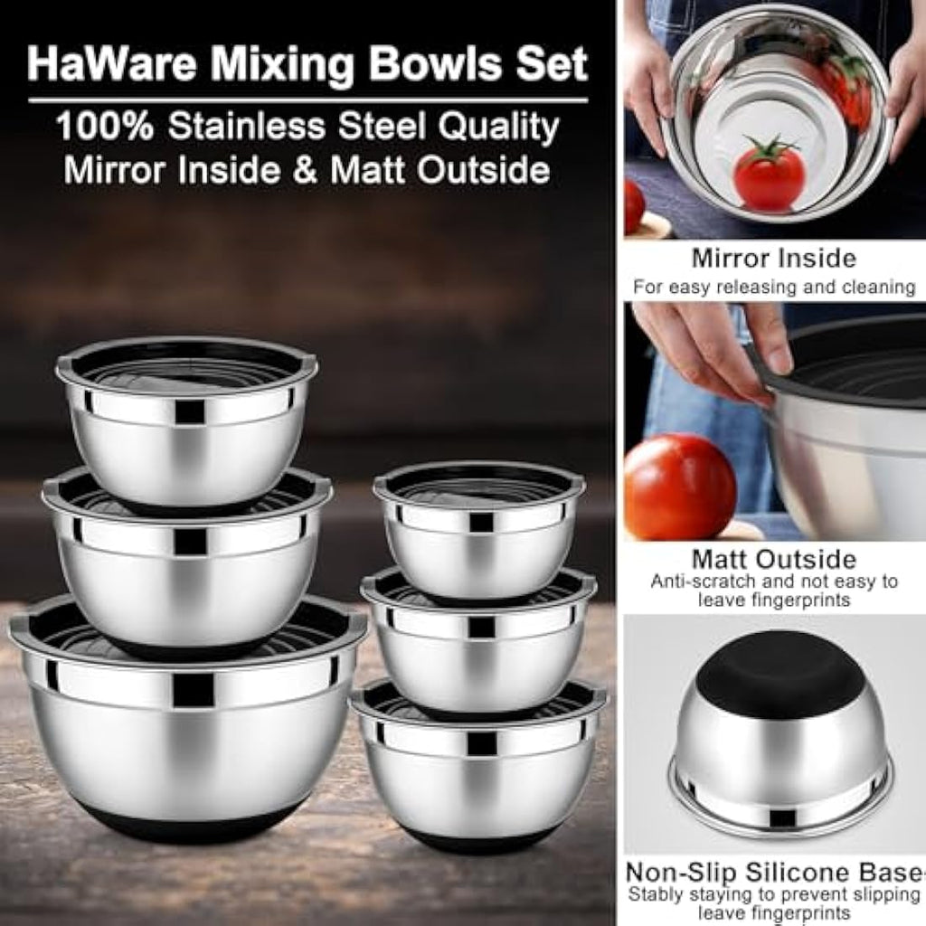 HaWare 6-Piece Stainless Steel Mixing Bowl Set with Airtight Lids - Black