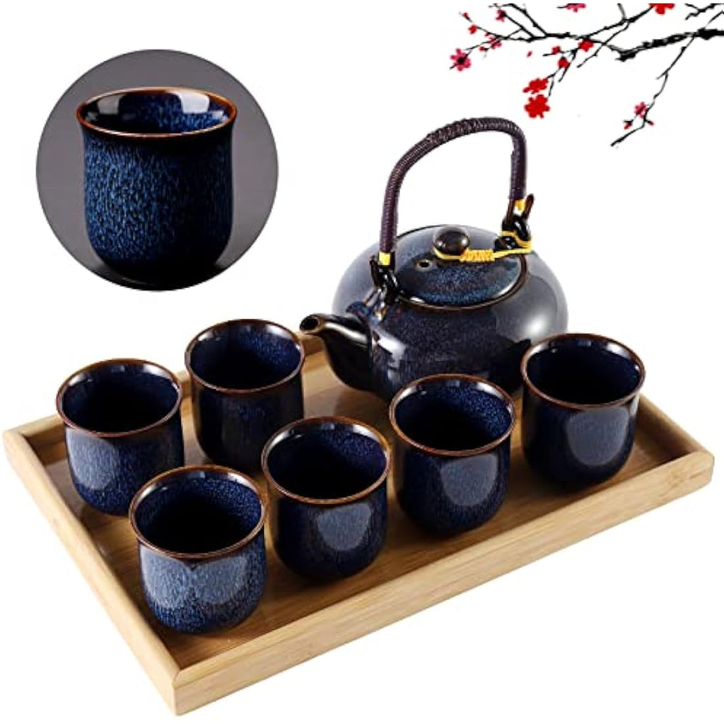 DUJUST Japanese Porcelain Tea Set - Kiln Glaze Teapot & 6 Cups with Tray