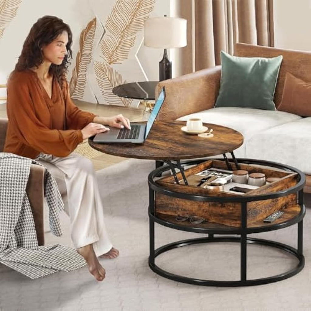 YITAHOME Round Lift Top Coffee Table with Hidden Storage – Brown Wood